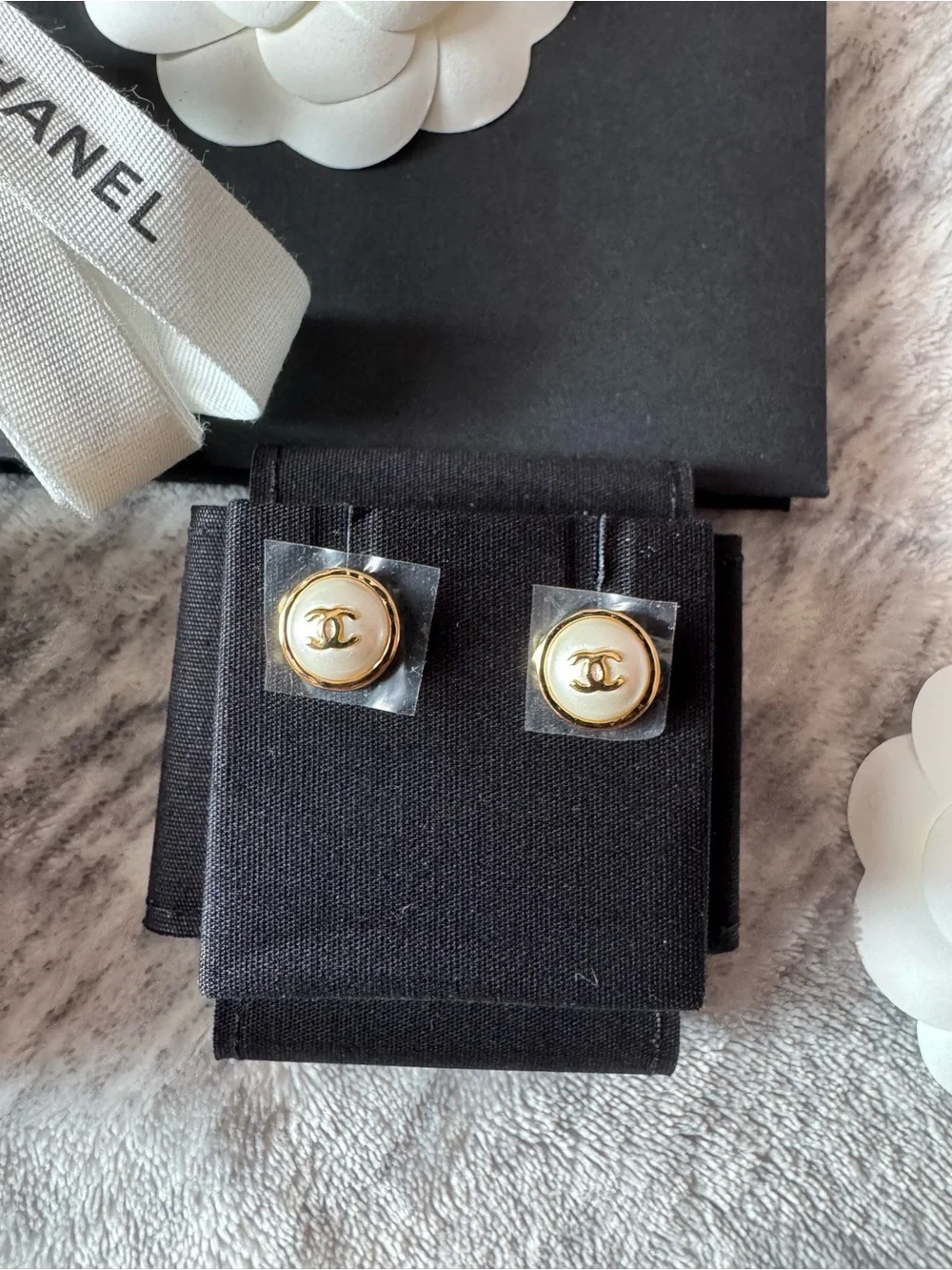 Chanel White and Gold CC Logo Pearl Button Stud Earrings